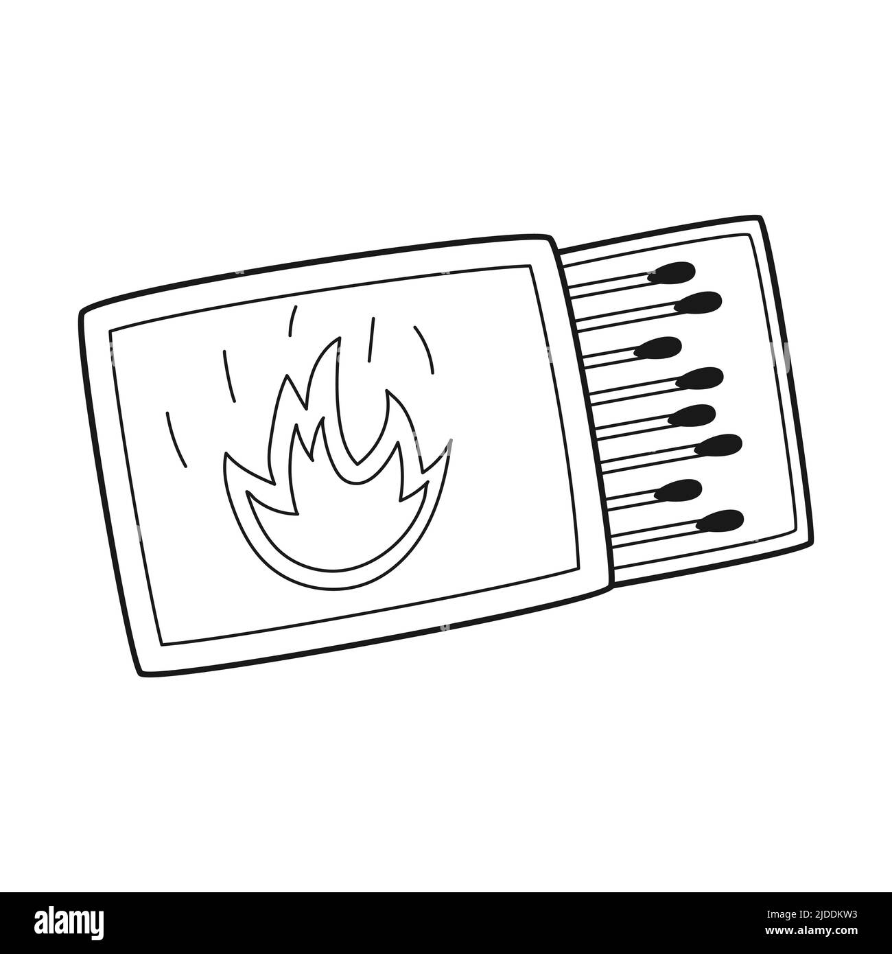 Dodle Un matchbox con partite. Campeggio igniter. Un dispositivo di avviamento antincendio. Attrezzature per turismo, viaggi, picnic, escursioni, sport. Contorno del vettore bianco e nero Illustrazione Vettoriale