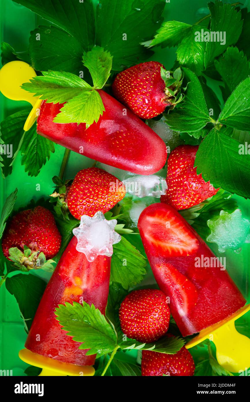 Gelato alla fragola fatto in casa o popsicli, ghiaccio, foglie di fragola e frutti di bosco. Succo di frutta ghiacciato, vista dall'alto. Estate carta da parati succosa. Foto Stock