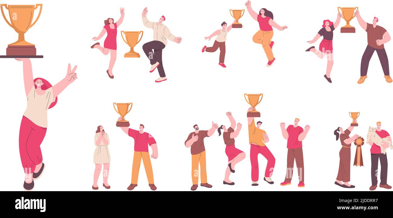 Persone vincitori. Vincitore del lavoro, vincitore del premio donna. Trofeo aziendale progetti di successo, squadra di lavoro superiore, bambino o animale domestico. Personaggi vettoriali Kicky Happy Illustrazione Vettoriale