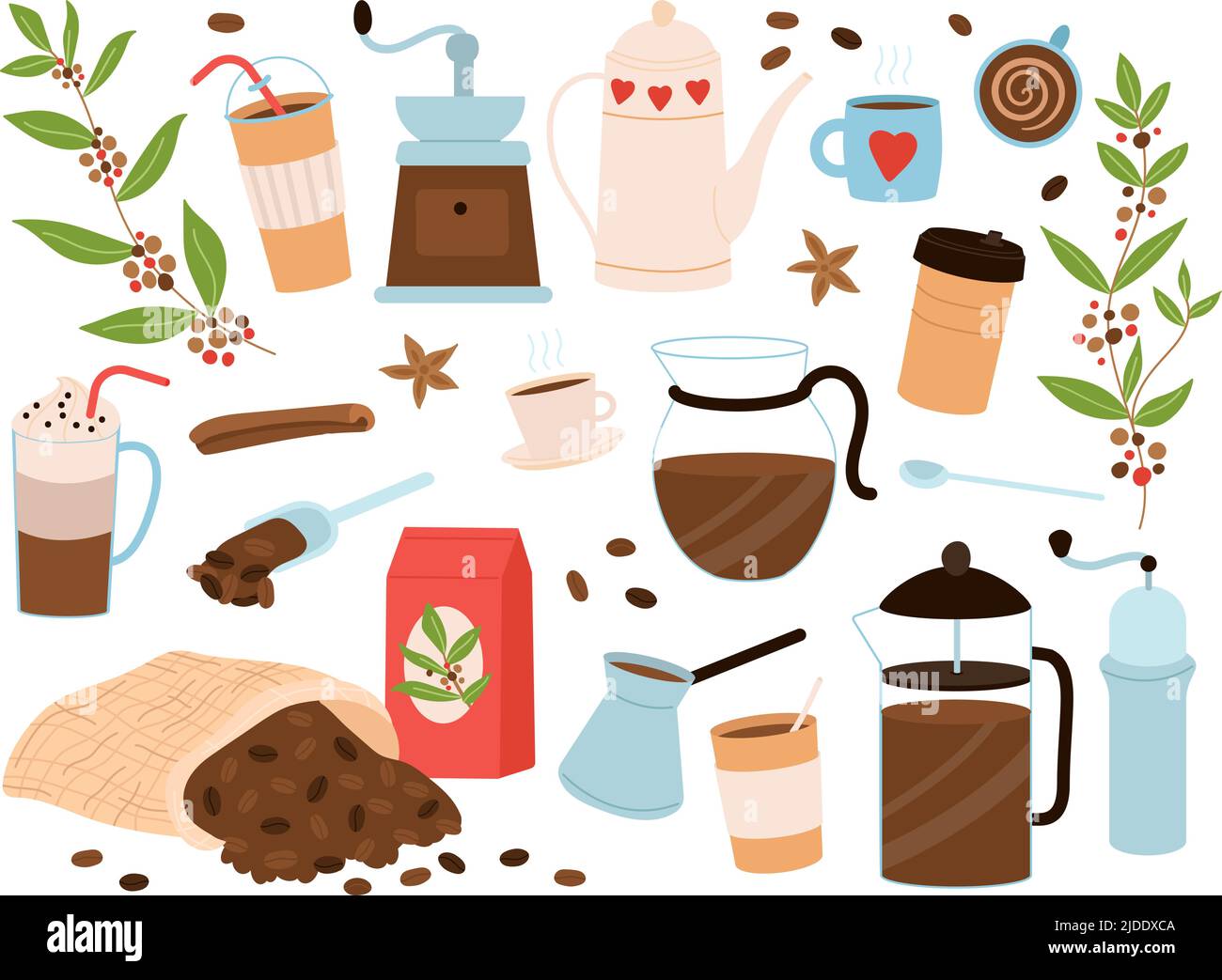 Elementi di caffè carini. Adesivi per espresso e cappuccino. La mattina bevande calde, tazze e macchina per il caffè. Fagioli neri in sacchetto, caffè arte panetteria oggetti decenti Illustrazione Vettoriale
