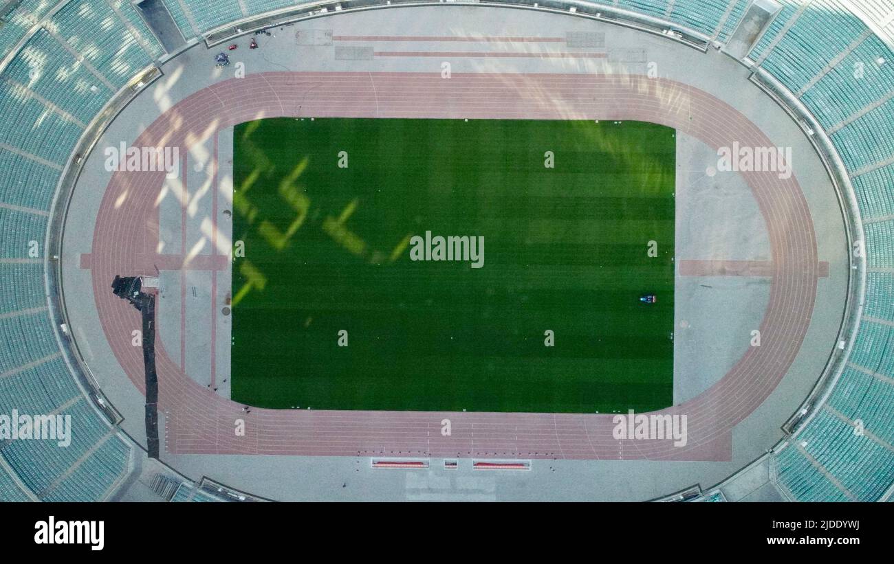 Stadio Olimpico, città di Baku, vista aerea droni dello skyline dall'alto, Azerbaigian, Caucaso meridionale Foto Stock