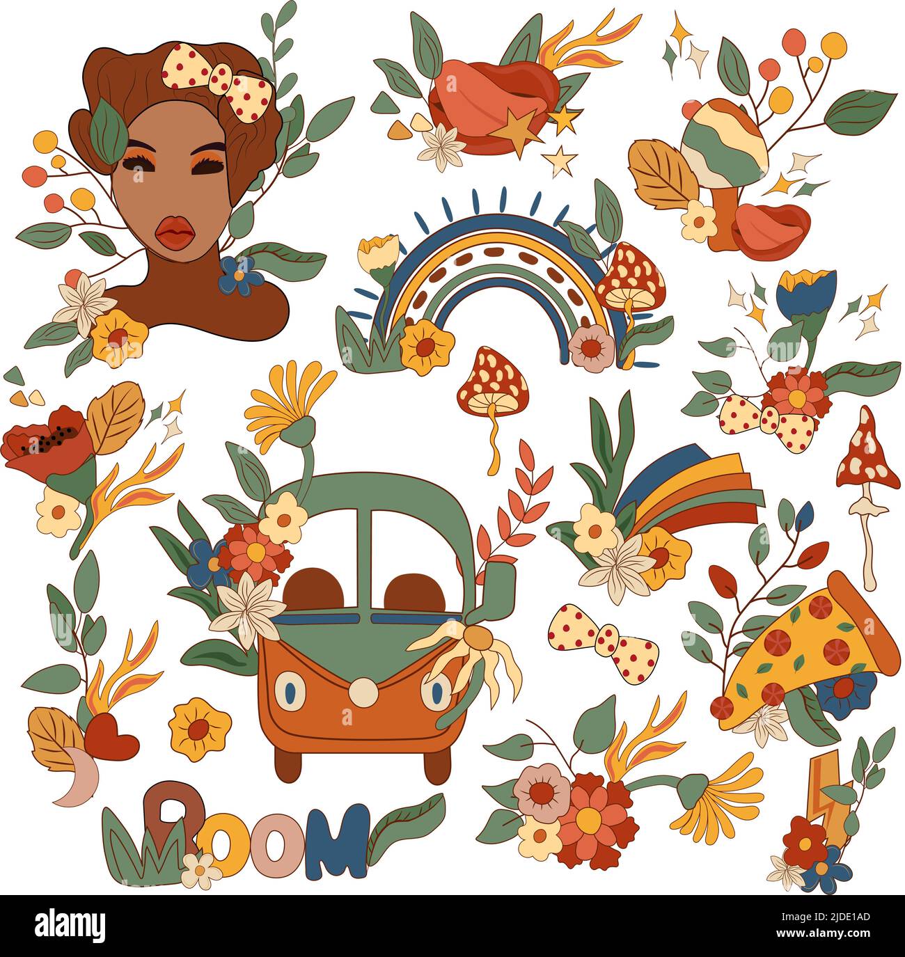 Composizioni positive 70s elemento grovy, fiori e foglie, retro bus, pin up girl, funghi, pizza, arcobaleni e altri. Stile hippy vintage. Illustrazione vettoriale Illustrazione Vettoriale