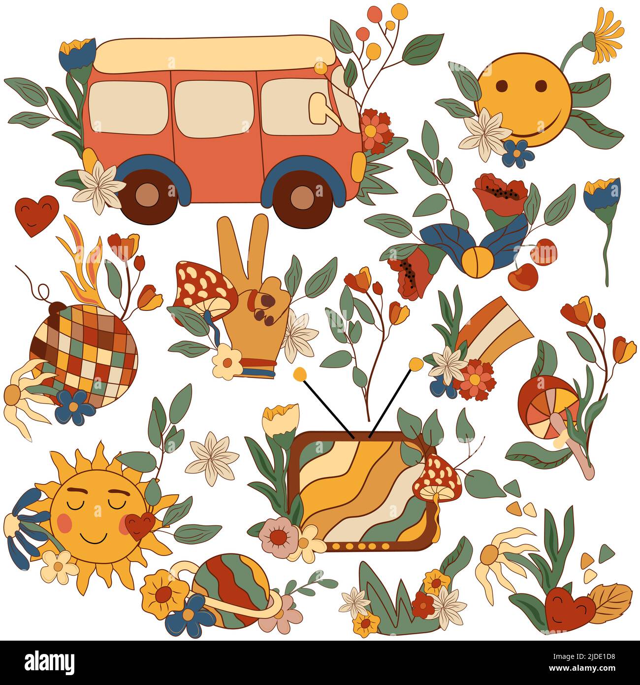Composizioni positive 70s elemento groovy, sole sorriso con fiori, foglie, retro bus, groovy disco ball, funghi, arcobaleni e altri. Stile hippy vintage. Illustrazione vettoriale Illustrazione Vettoriale