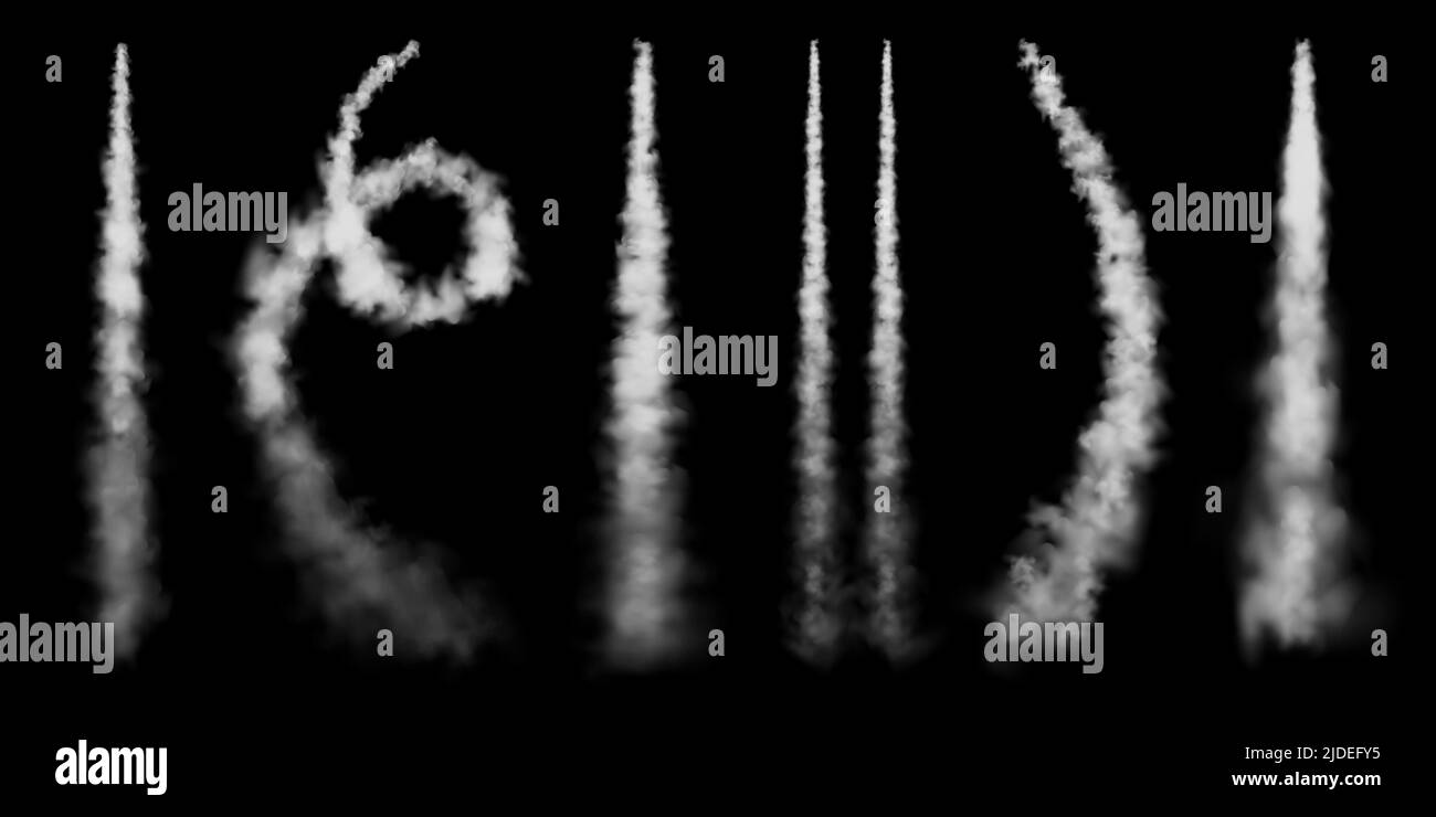 Percorsi realistici di condensazione in aereo. Lancio del razzo spaziale. Missile o bullet trail. Piste per aerei a reazione. Nuvole di fumo bianche, nebbia. Flusso di vapore. Vettore Illustrazione Vettoriale