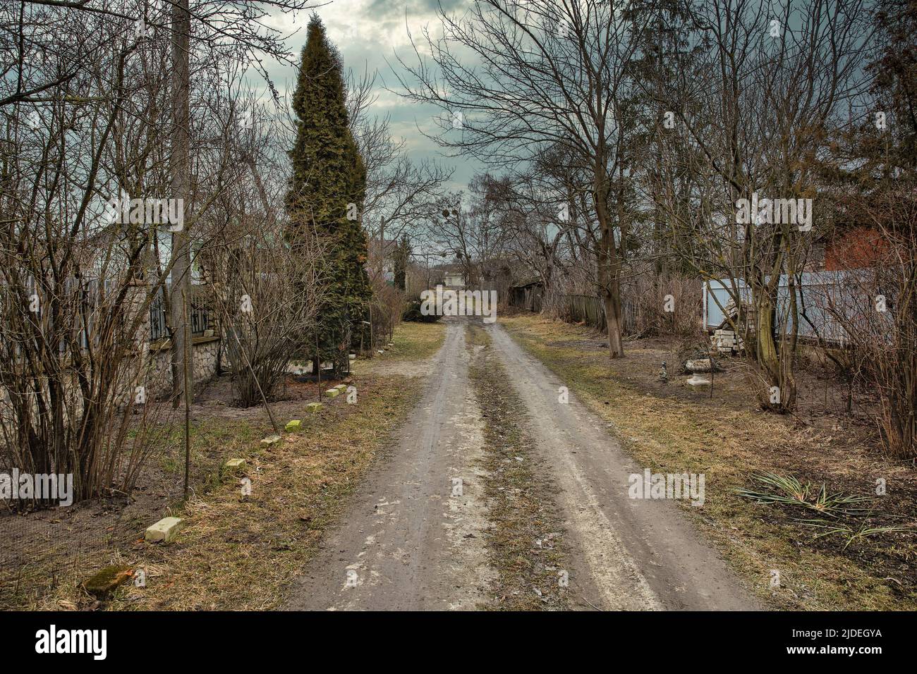 strada rurale non asfaltata all'inizio della primavera. Velyki Berezhtsi, Kremenets, Ternopil regione, Ucraina. Foto Stock