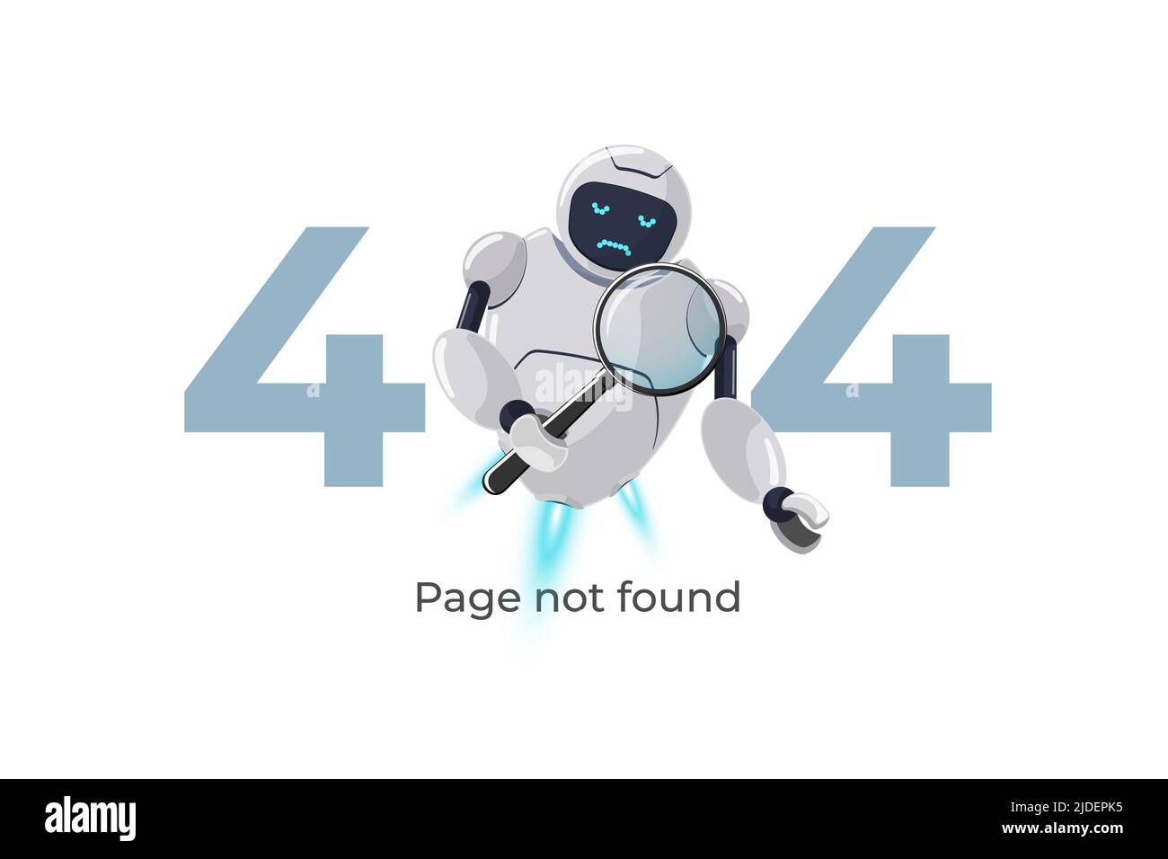 Pagina Web non trovata errore 404. Personaggio robot con lente d'ingrandimento in mano. Crash del sito sul lavoro tecnico modello web design con chatbot mascot. Errore assistenza bot online Cartoon. eps vettoriale Illustrazione Vettoriale