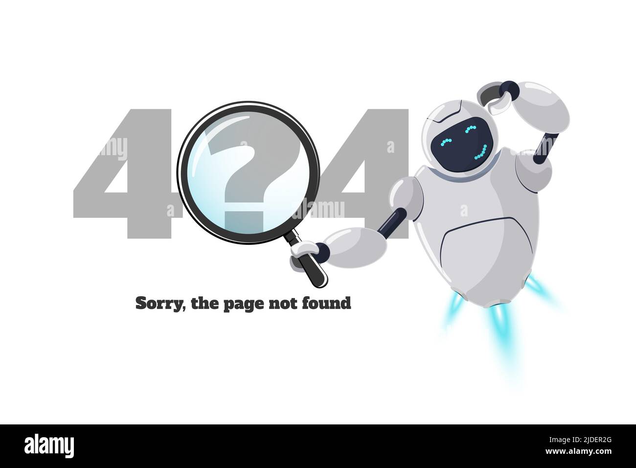 Pagina Web non trovata errore 404. Personaggio robot preoccupato con lente d'ingrandimento in mano. Crash del sito sul lavoro tecnico EPS web design template con chatbot mascot. Errore assistenza bot online Cartoon Illustrazione Vettoriale