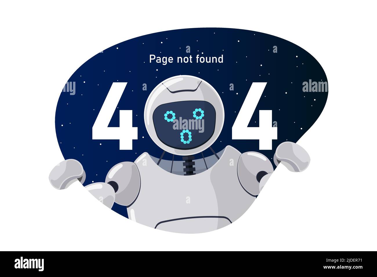 Pagina Web non trovata errore 404. Oops temeva che il personaggio del robot si staccava dallo spazio esterno. Crash del sito sul lavoro tecnico modello web design con chatbot mascot. Errore assistenza bot online Cartoon Illustrazione Vettoriale