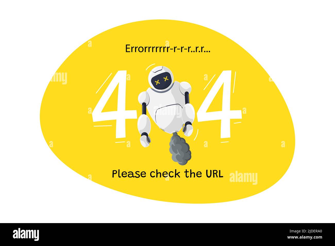 Pagina Web non trovata errore URL 404. Carattere robot rotto su sfondo giallo. Crash del sito sul lavoro tecnico modello web design con chatbot mascot. Errore assistenza bot online Cartoon. Vettore Illustrazione Vettoriale