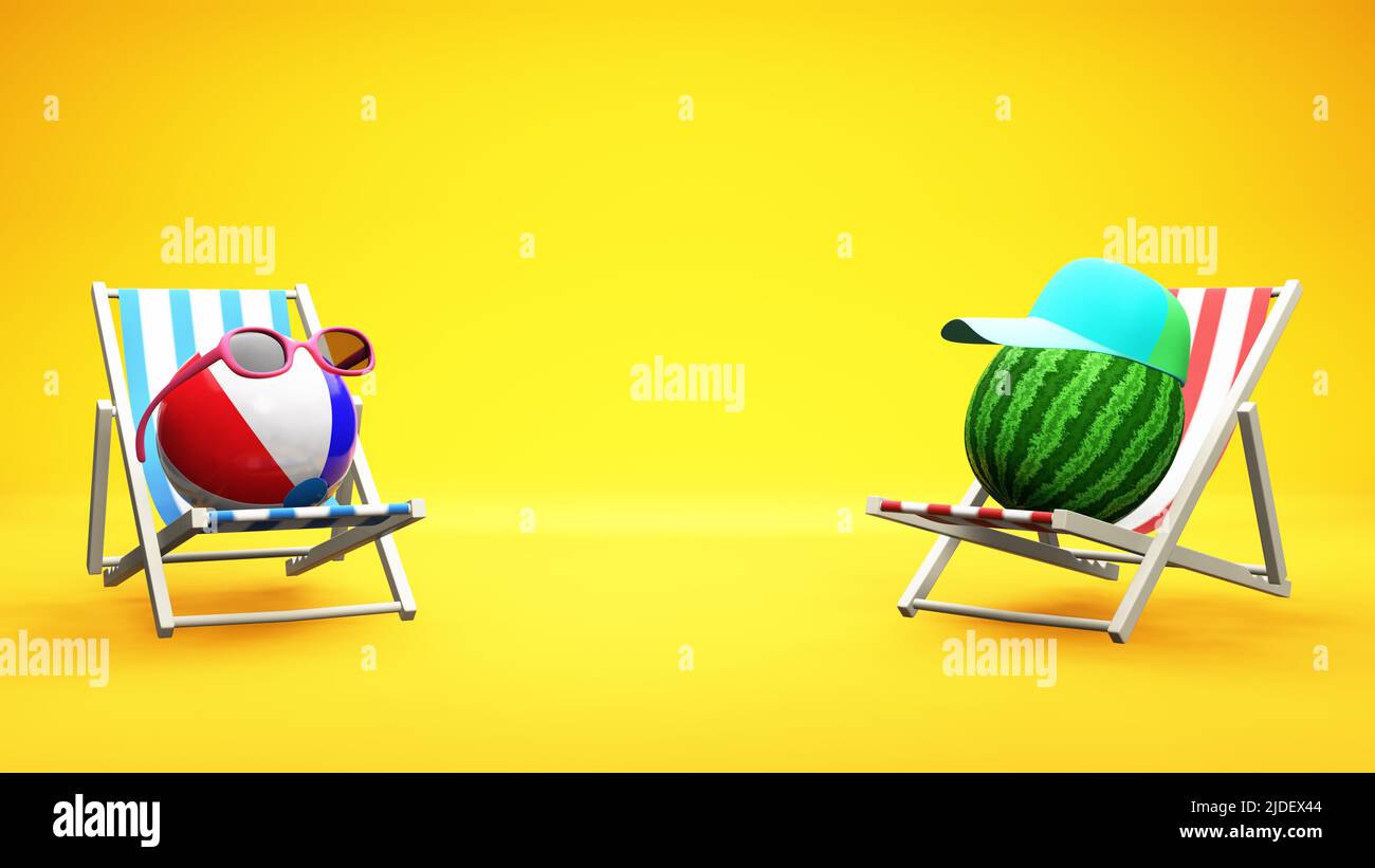 Sdraio con palla da spiaggia e cocomero su sfondo giallo. Vacanza estiva concept.3D rendering Foto Stock