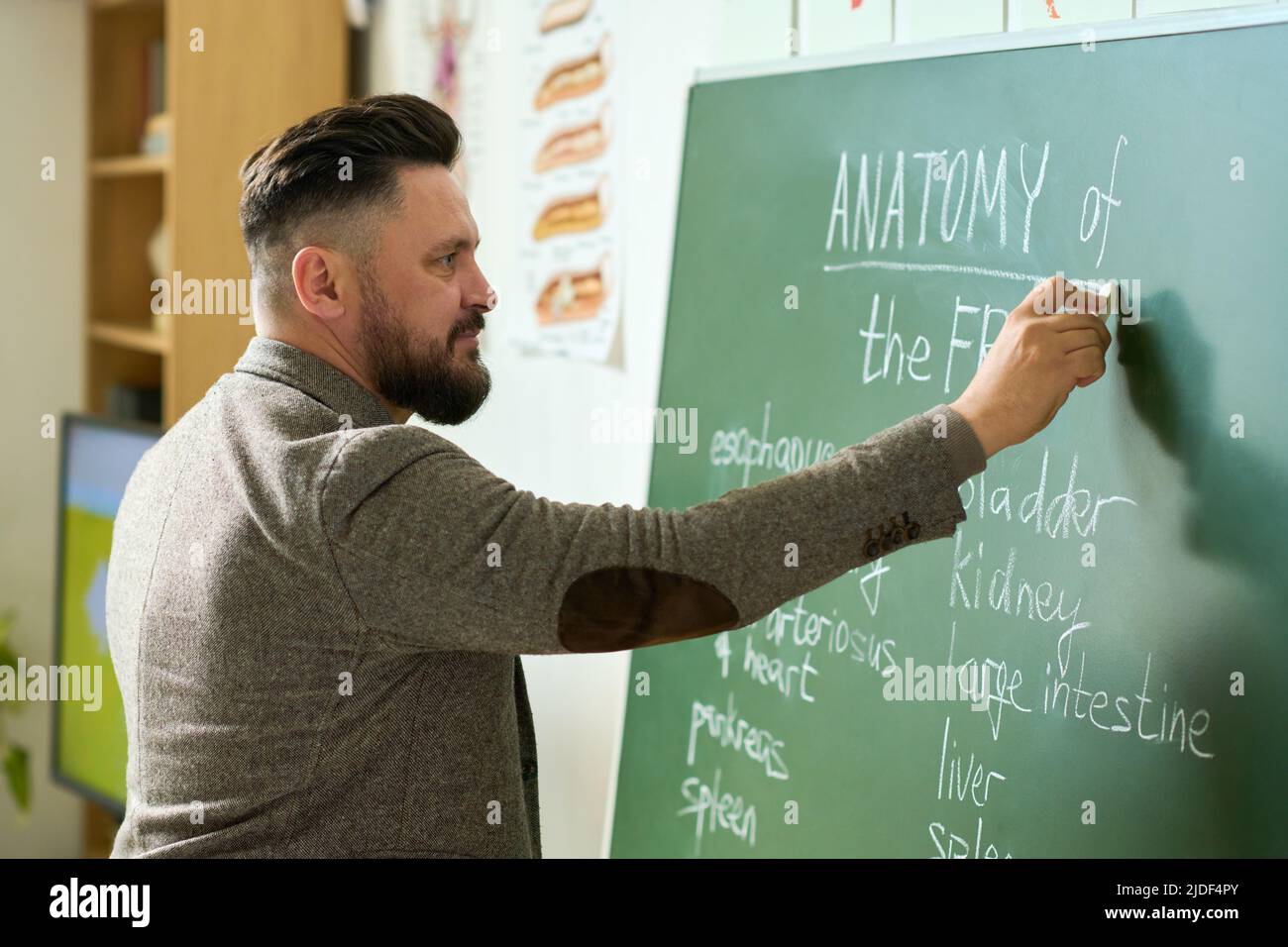 Insegnante maturo che scrive i nomi degli organi interni della rana sulla lavagna mentre spiega gli allievi dell'oggetto della lezione della scuola superiore Foto Stock