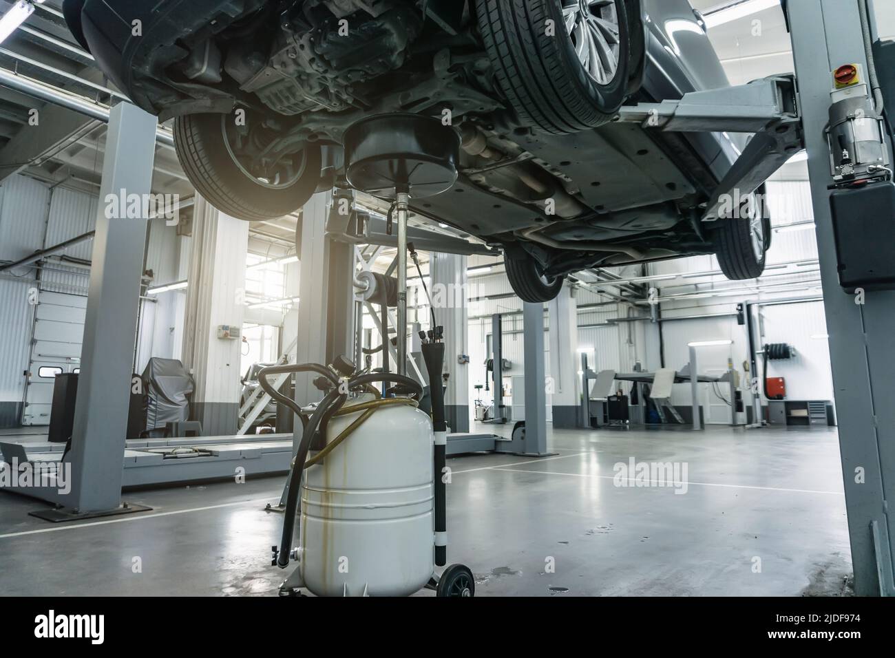 Cambio dell'olio motore durante la manutenzione dell'auto. Auto è sul sollevatore idraulico in officina, processo di scarico dell'olio usato vecchio scuro. Foto Stock Cambio dell'olio motore durante la manutenzione dell'auto. Auto è sul sollevatore idraulico in officina, processo di scarico dell'olio usato vecchio scuro. Foto Stock