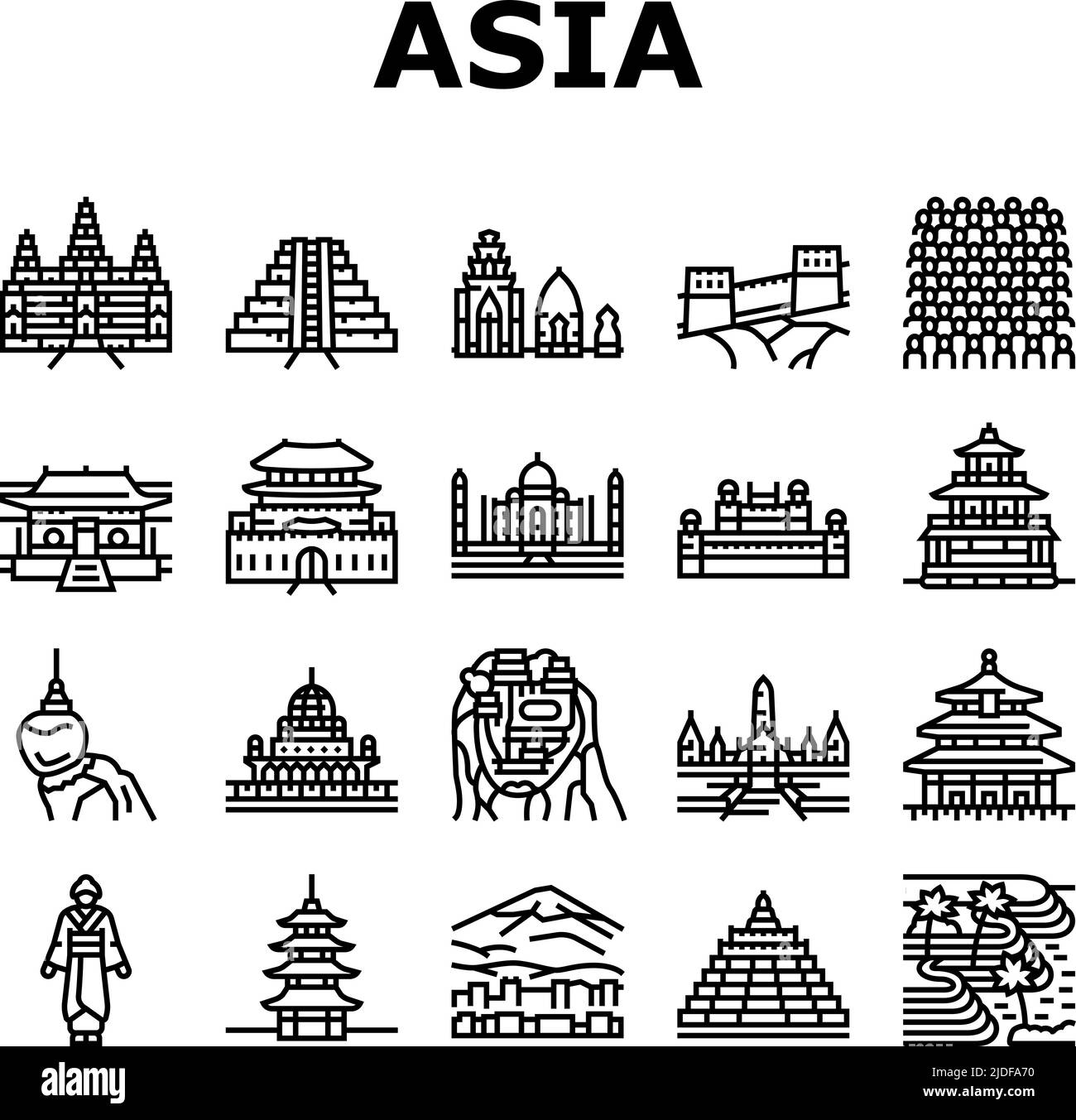 Asia Building e Land Scape icone Set Vector Illustrazione Vettoriale