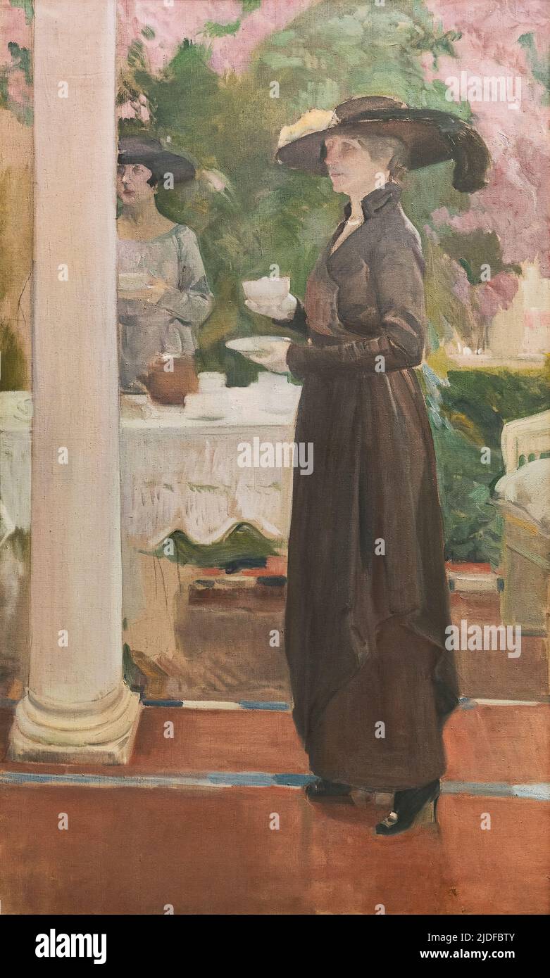 Joaquin Sorolla y Bastida (1863-1923). Avere il tè nel giardino della casa (Tomando el te en el jardin de casa). 1918. Olio su tela. 199,50 x 120 cm. Jo Foto Stock