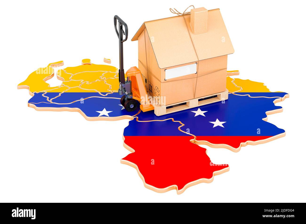 Servizio di trasferimento residenziale in Venezuela, concetto. Transpallet idraulico manuale con pacco di cartone su mappa venezuelana, 3D resa isolata su Foto Stock