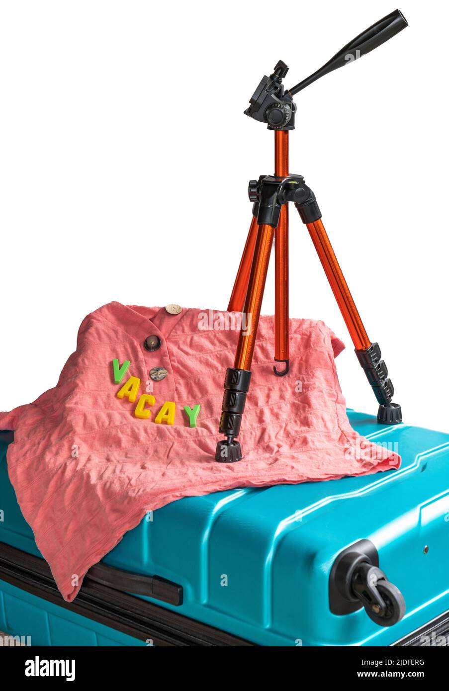 Spazio di testo here.Packing una valigia e scattare foto significa che avete bisogno di attrezzature e vestiti comodi. Potreste prendere un treppiede sulla vostra vacanza vacay. Foto Stock