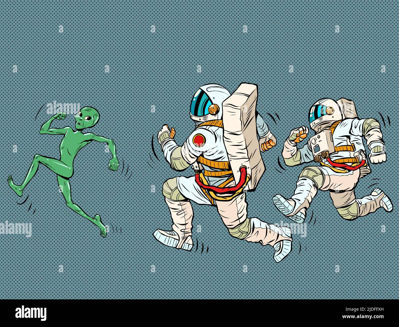 Gli astronauti corrono dopo l'alieno. Polizia spaziale. Pop Art retro Vector Illustration Kitsch Vintage 50s 60s Style Illustrazione Vettoriale