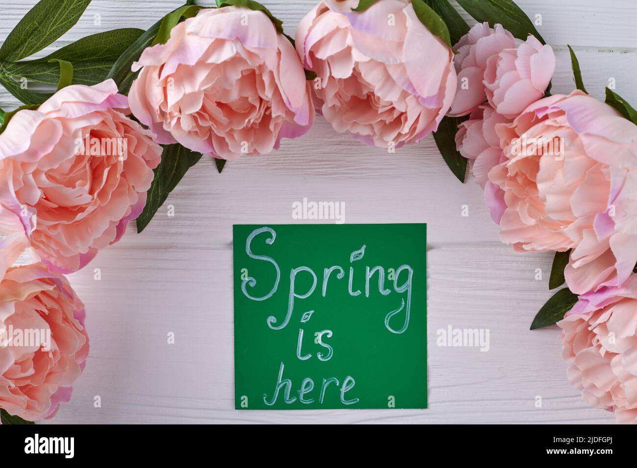 Cornice di fiori di peonia su scrivania di legno bianco. La primavera è qui concetto. Foto Stock