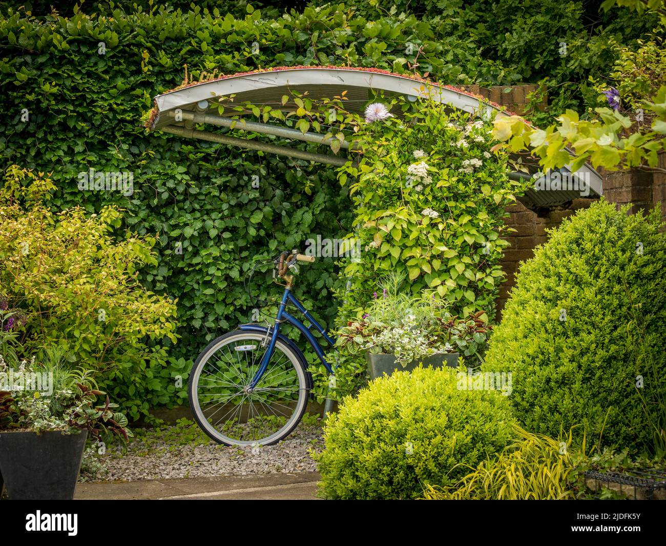 Rifugio per biciclette da giardino domestico con tetto vivo presso i giardini Harlow Carr di Harrogate. North Yorkshire. REGNO UNITO Foto Stock