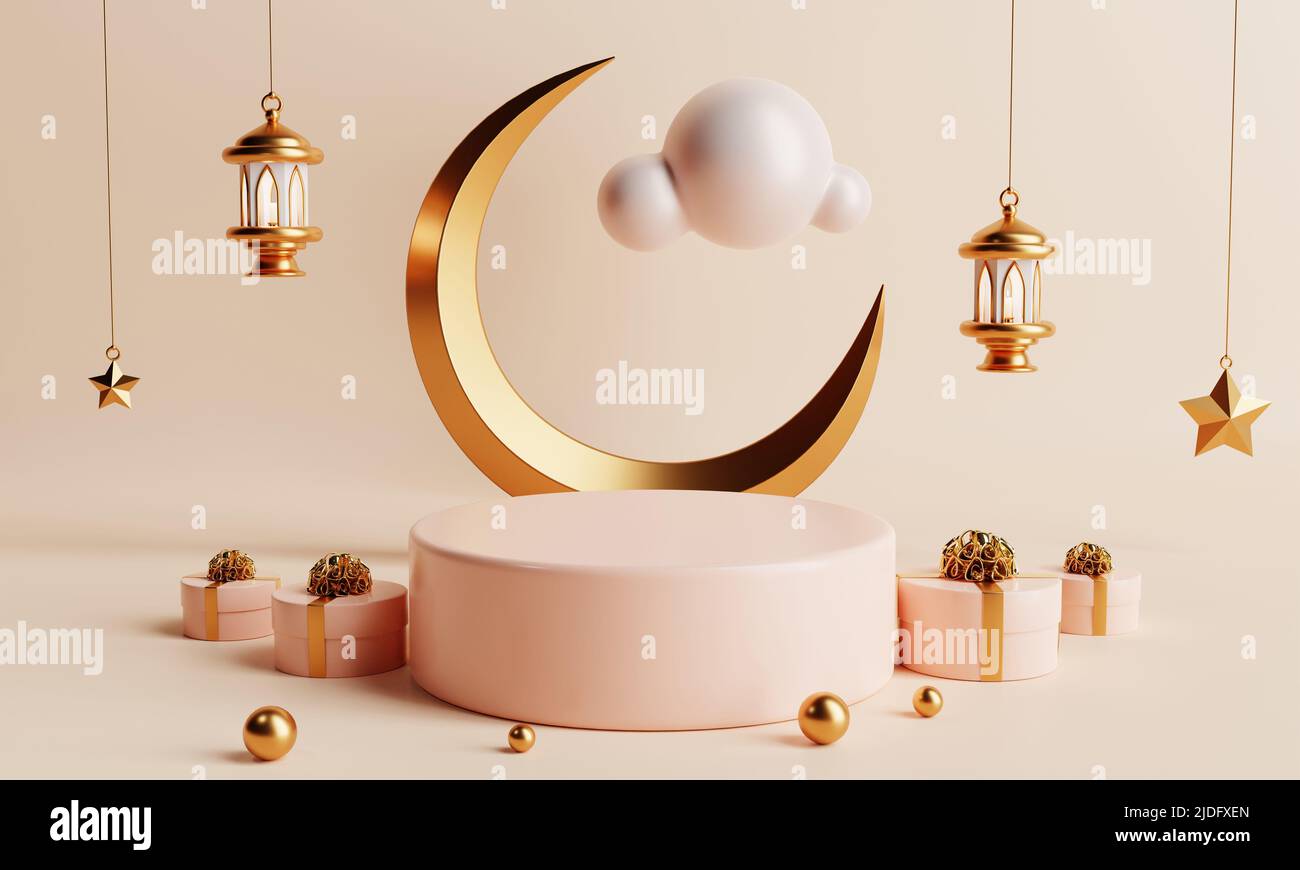 Podio di prodotto in Ramadan o Eid Mubarak islamico tradizionale stile di cultura su sfondo di colore corallo. Concetto di festa e festival arabo. 3D illustre Foto Stock