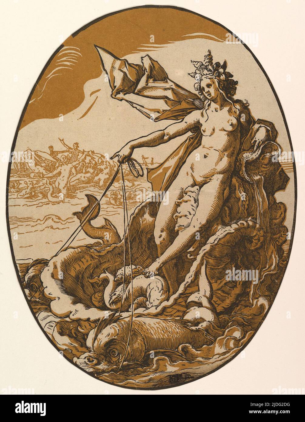 Tethys adagiato in un carro gigantesco di conchiglie trainato da due creature marine di Hendrik Goltzius (1558–1617). Nella mitologia greca i titani furono il primo pantheon degli dei prima che furono rovesciati dagli Olimpi, guidati dal figlio di Cronos Zeus. Foto Stock