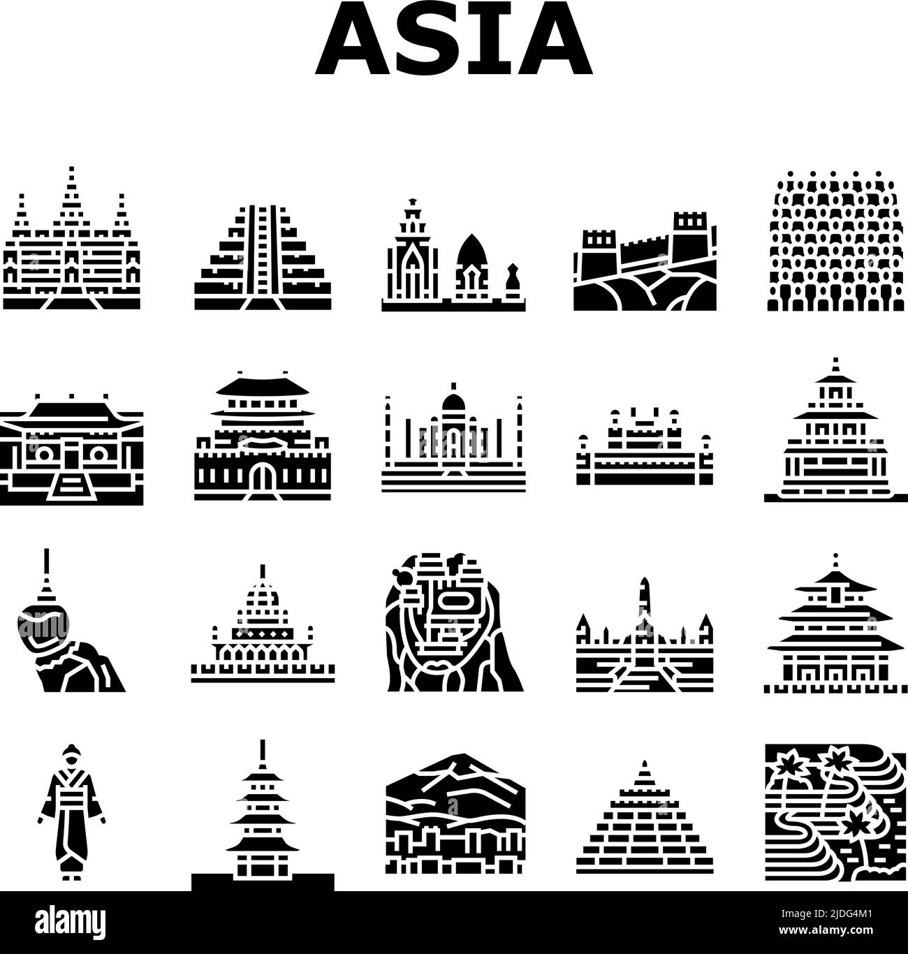 Asia Building e Land Scape icone Set Vector Illustrazione Vettoriale