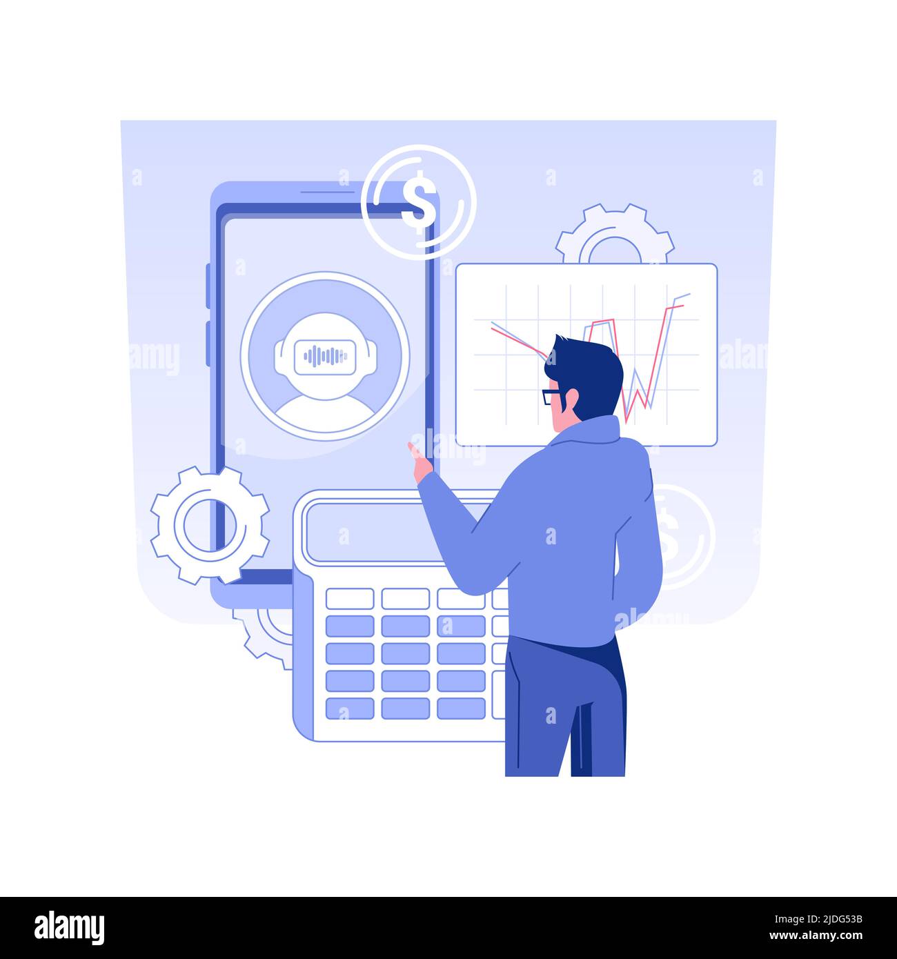 Illustrazione vettoriale del concetto isolato di Virtual Assistant. Businessman comunica con assistente virtuale online, digital marketing, agenzia pubblicitaria, consulenza servizi concetto vettoriale. Illustrazione Vettoriale