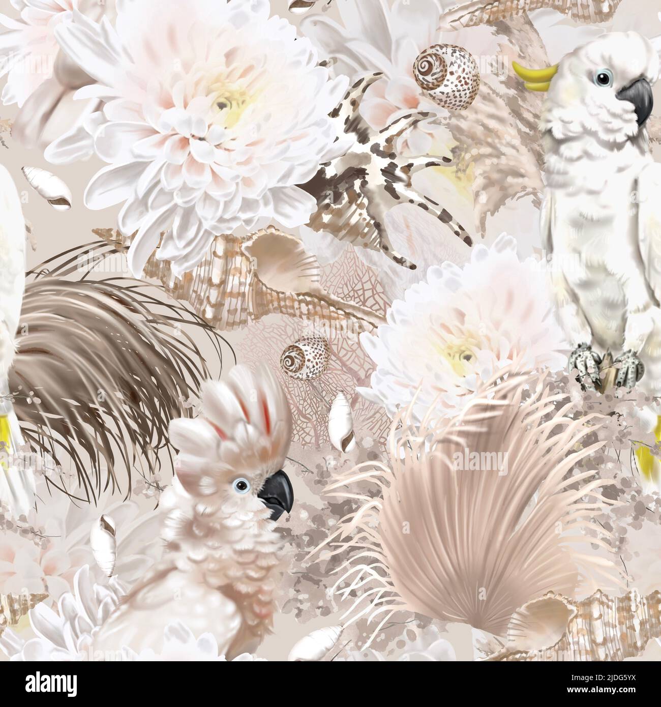 acquerello senza cuciture boho pattern. pappagalli, fiori e conchiglie. beige pattern Foto Stock