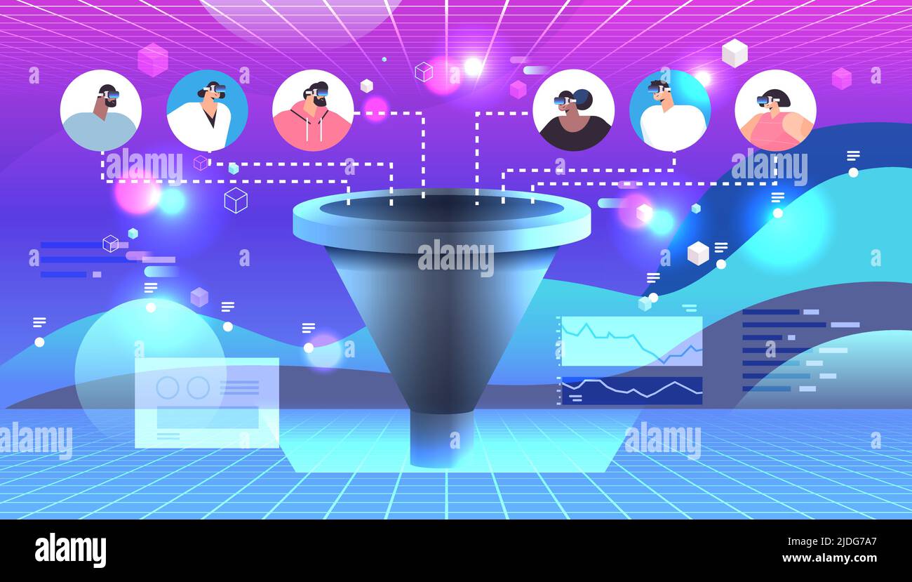 mix di clienti di gara o dipendenti che indossano occhiali digitali metaverse tecnologia realtà virtuale cono di vendita imbuto Illustrazione Vettoriale