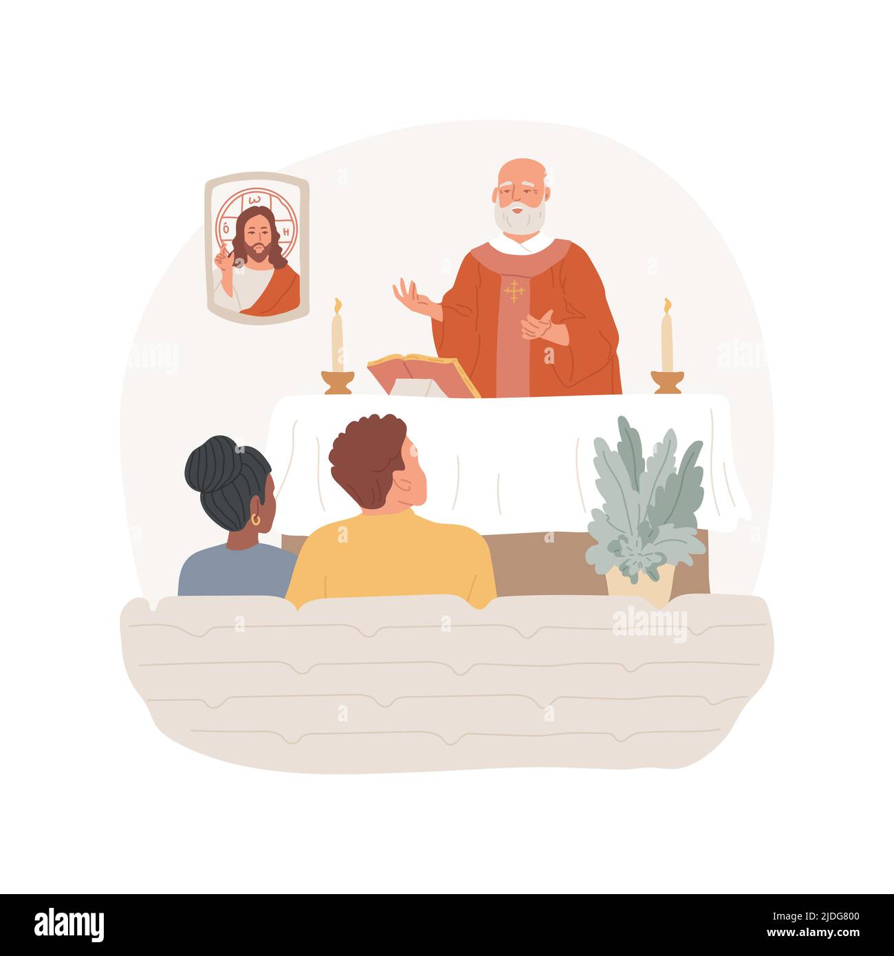 Andare in chiesa la Domenica isolato cartoon vettore illustrazione. Giovani coppie che attestano la chiesa, la messa domenicale, i giorni sacri religiosi, le osservanze cattoliche, le pratiche spirituali cartoon vettoriale. Illustrazione Vettoriale