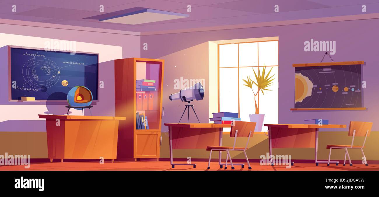 Classe per l'apprendimento astronomico a scuola. Illustrazione vettoriale di cartoni animati di classe vuota interno con lavagna e telescopio, cartellone con pianeti di sistema solare, globo, mobili e libreria Illustrazione Vettoriale