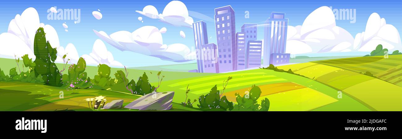 Paesaggio estivo con campi ed edifici cittadini sullo skyline. Vettore cartoon illustrazione della natura panorama con cespugli verdi, terreni agricoli, percorso e città all'orizzonte Illustrazione Vettoriale