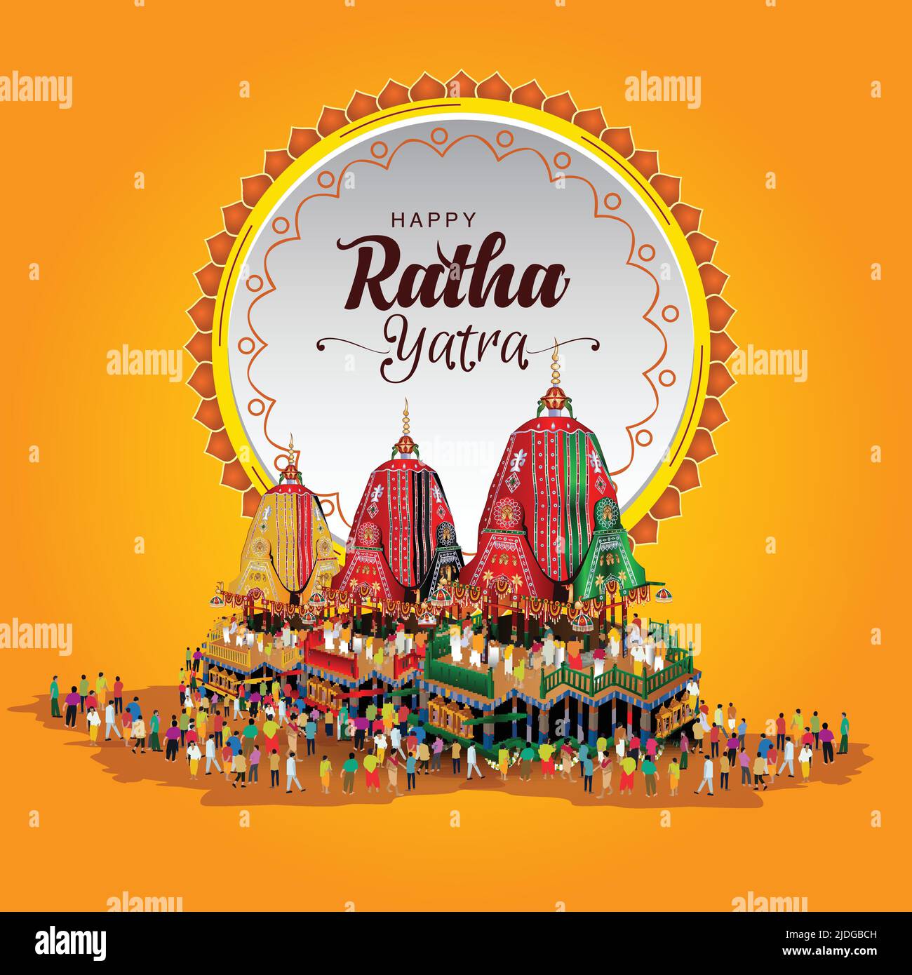 Festa indiana Ratha Yatra di Lord Jagannath, Balabhadra e Subhadra su Chariot con la gente. Disegno vettoriale Illustrazione Vettoriale