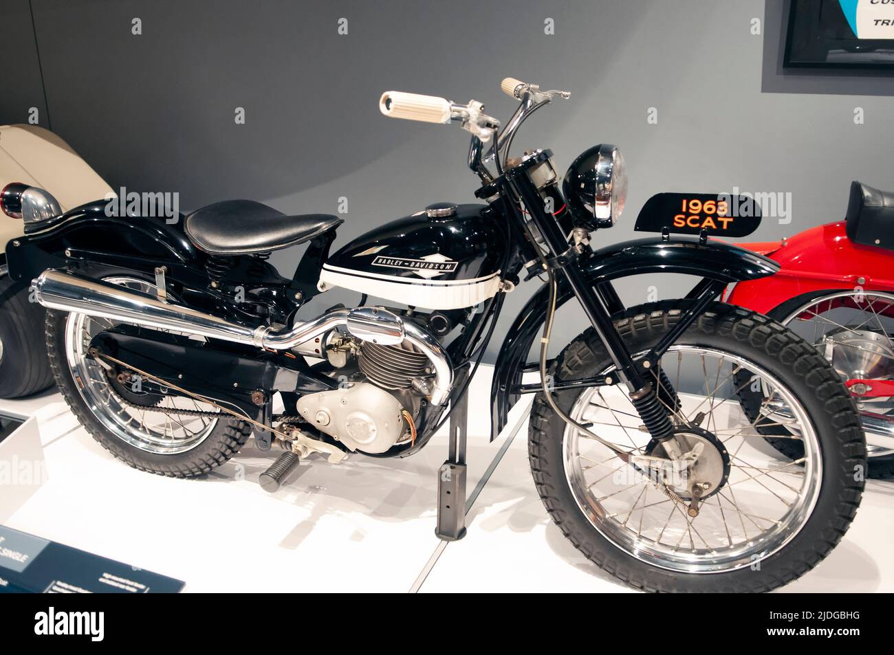 Una motocicletta Scat Harley Davidson del 1963 come visto nel museo Harley Davidson a Milwaukee, Wisconsin. Foto Stock