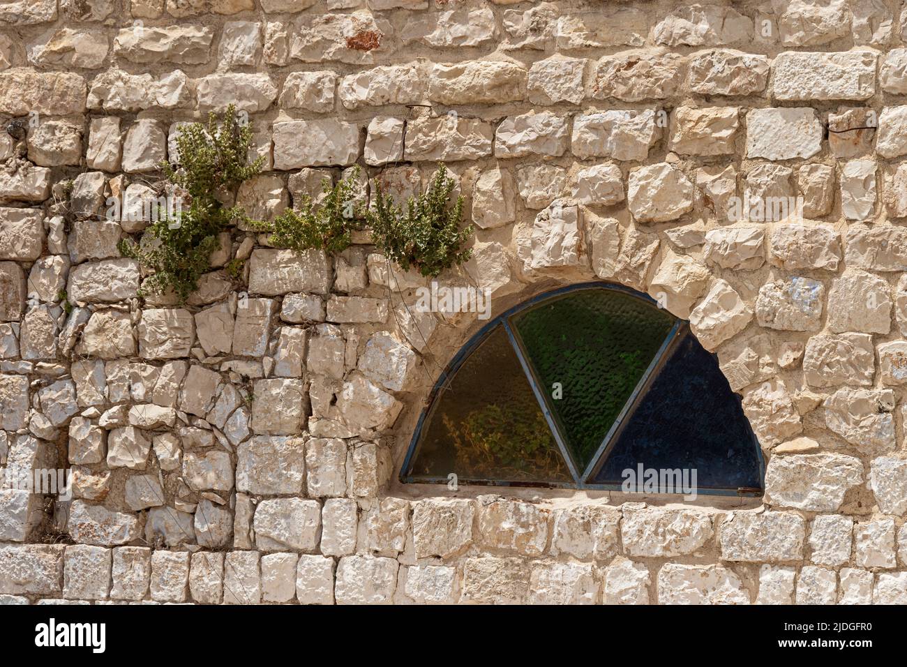 Le piante crescono in crepe in un'antica parete calcarea in Safed Tsfat in Israele, accanto a una finestra semicircolare con triangoli di vetro colorati Foto Stock Le piante crescono in crepe in un'antica parete calcarea in Safed Tsfat in Israele, accanto a una finestra semicircolare con triangoli di vetro colorati Foto Stock