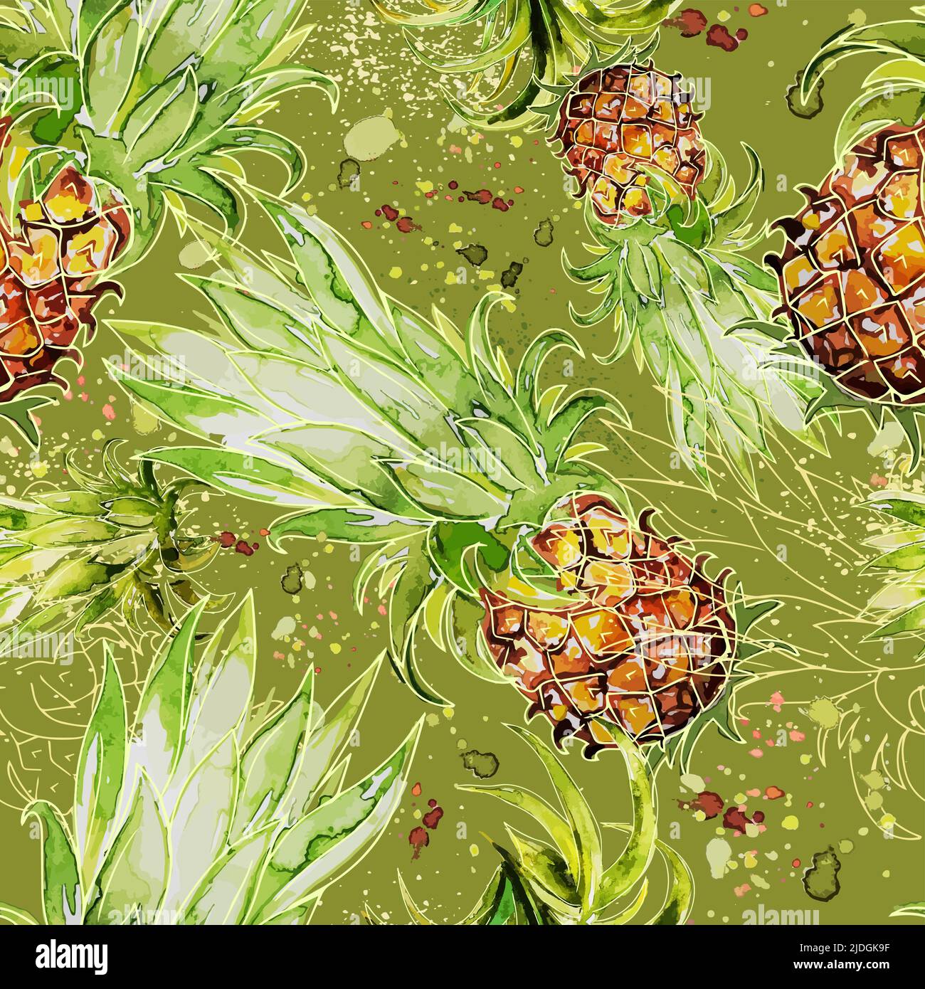 Ananas Watercolor Fresh Vector Seamless Pattern Textile Design Illustrazione Vettoriale