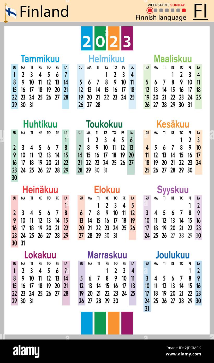 Calendario tascabile verticale finlandese per il 2023 (duemilventitré). La settimana inizia domenica. Anno nuovo. Design semplice a colori. Vettore Illustrazione Vettoriale