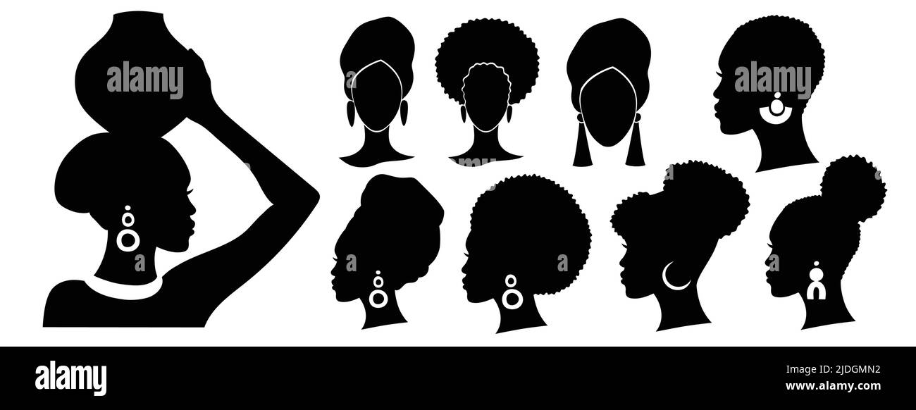 Set di silhouette di una donna afroamericana. Illustrazione Vettoriale