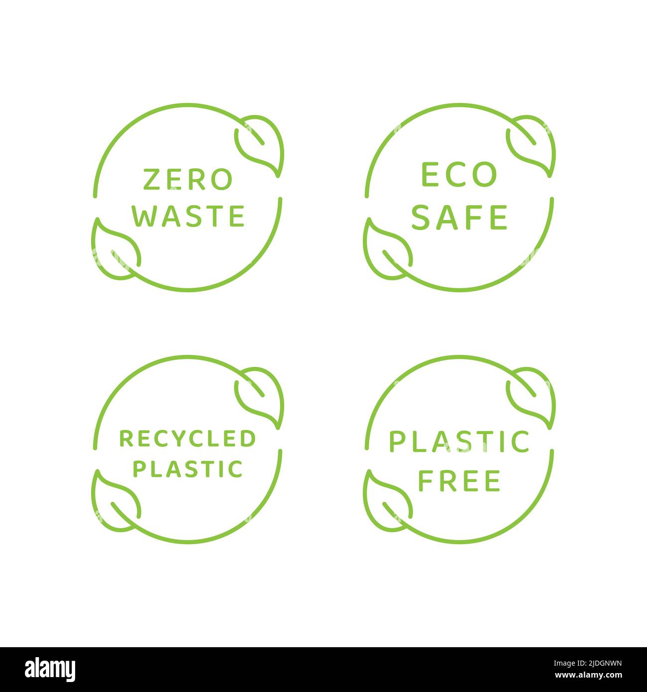 Eco-sicuro, nessun spreco e materiale riciclato. Set di etichette vettoriali, senza plastica, ecologico con ciclo fogliare. Illustrazione Vettoriale