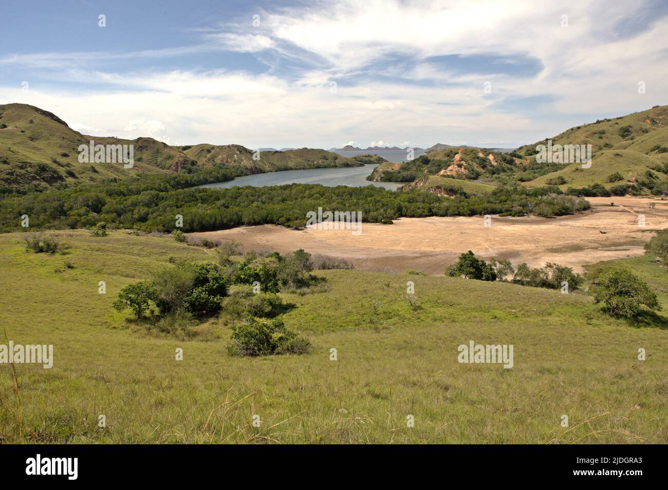 Paesaggio dell'isola di Rinca, una parte del Parco Nazionale di Komodo a Manggarai Occidentale, Nusa Tenggara Est, Indonesia. Foto Stock