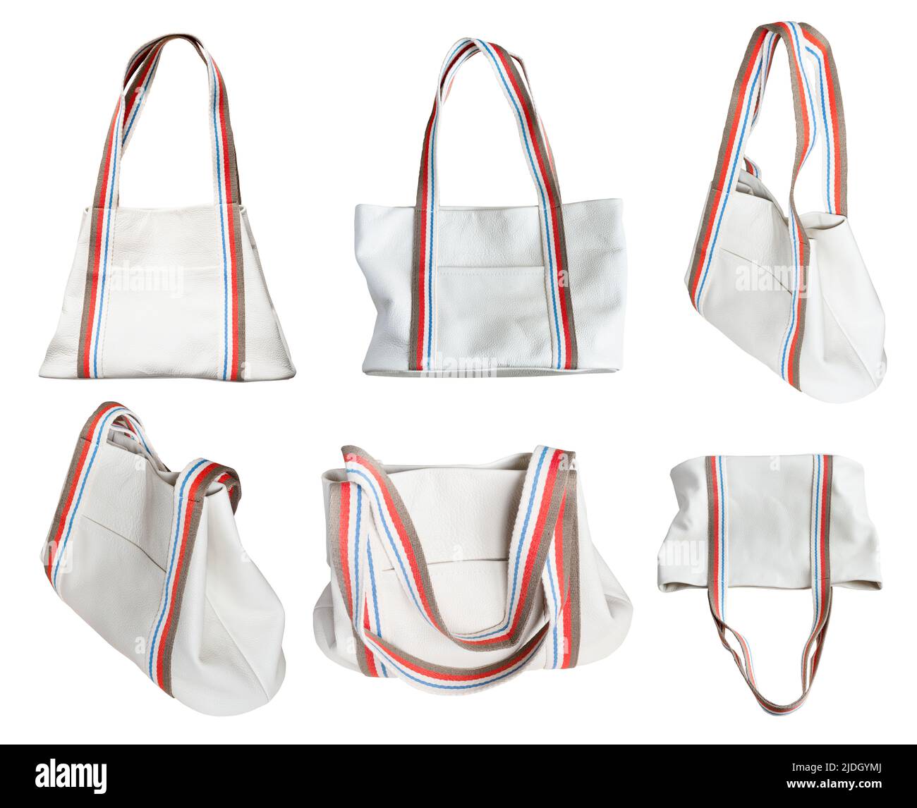 set di borse tote artigianali in pelle bianca e con ampi manici a tracolla in cotone tagliati su sfondo bianco Foto Stock