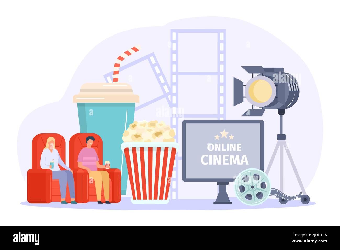Online cinema concept, guarda film con soda e popcorn a casa Illustrazione Vettoriale