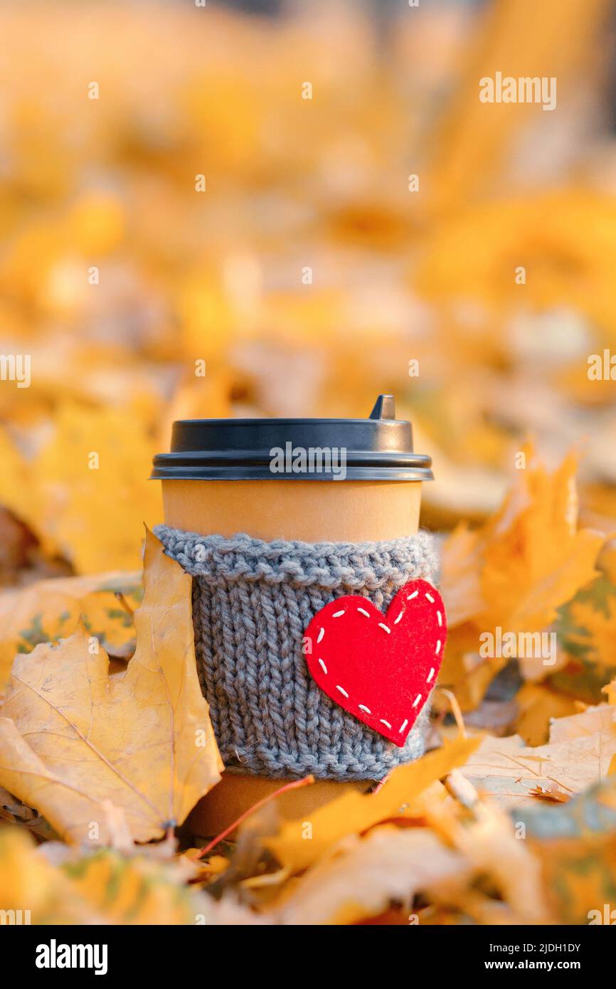 Caffè di carta tazza accogliente con forma a cuore in autunno foglie, spazio copia verticale Foto Stock