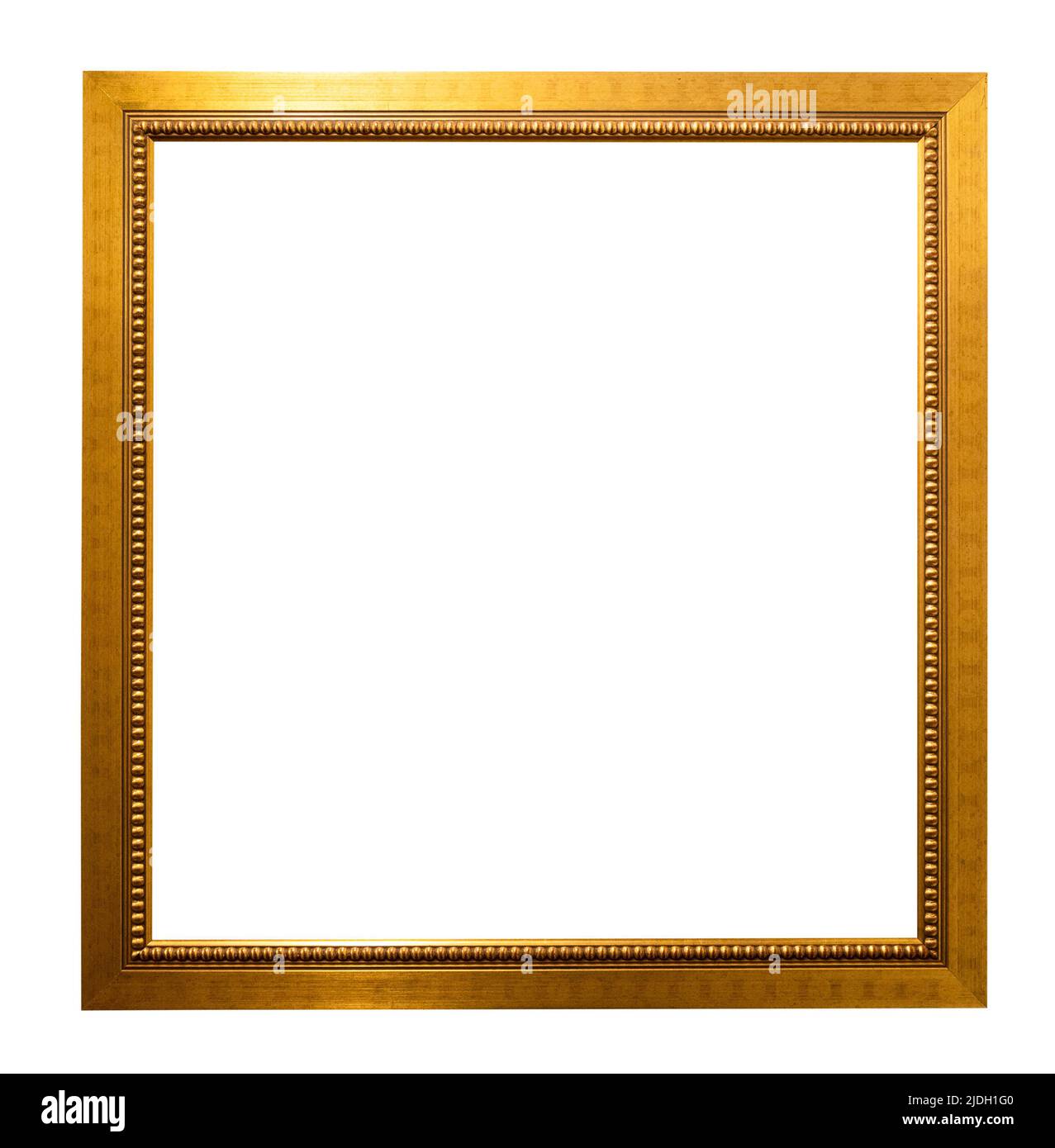 cornice quadrata vuota in legno dorato piatta ritagliata su sfondo bianco Foto Stock