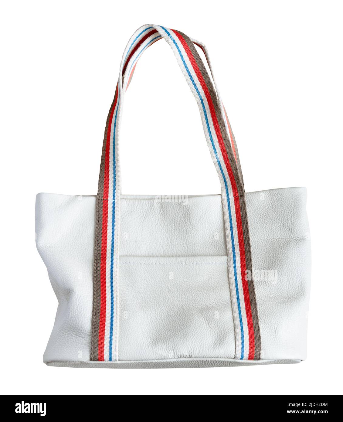 borsa tote artigianale con tasca in pelle bianca e ampi manici con cinturino in cotone tagliati su sfondo bianco Foto Stock