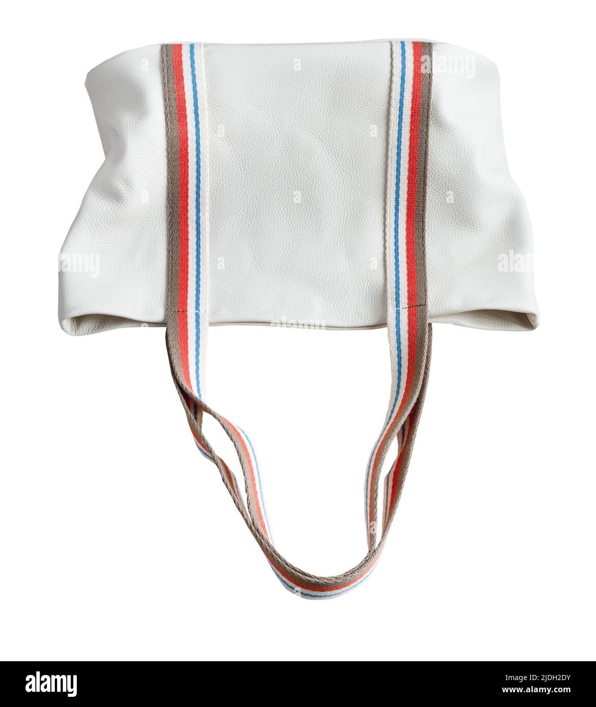 borsa tote sdraiata in pelle bianca e con ampi manici in cotone tagliati su sfondo bianco Foto Stock