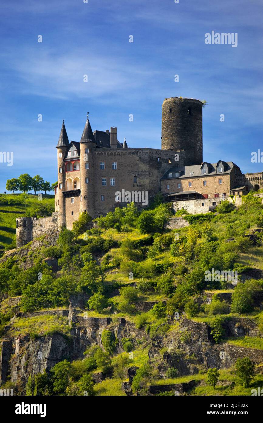 Castello di Katz, parte del sito patrimonio dell'UNESCO gola del Reno, Germania, Renania-Palatinato, San Goarshausen Foto Stock