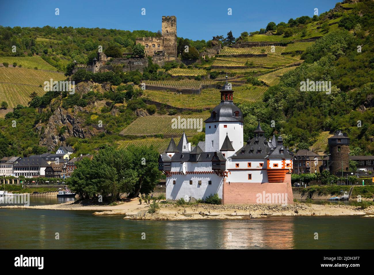 Castello di Gutenfels e Castello di Pfalzgrafenstein, patrimonio dell'umanità dell'UNESCO, Germania, Renania-Palatinato, Kaub Foto Stock