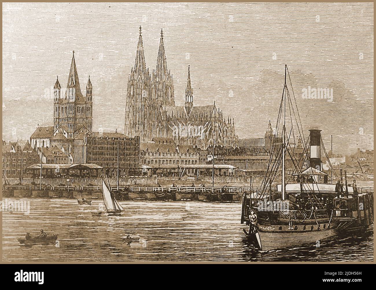 Un'illustrazione del 19th secolo che mostra Colonia, Germania, la sua Cattedrale e la Chiesa di San Michele dal fiume. Reno dove si può vedere una barca a vapore. ---- Eine Illustrazione aus dem 19. Jahrhundert, die Köln, Deutschland, seine Kathedrale und die St. Michaels-Kirche vom Fluss aus zeigt. WO ein Dampfschiff zu sehen ist. Foto Stock