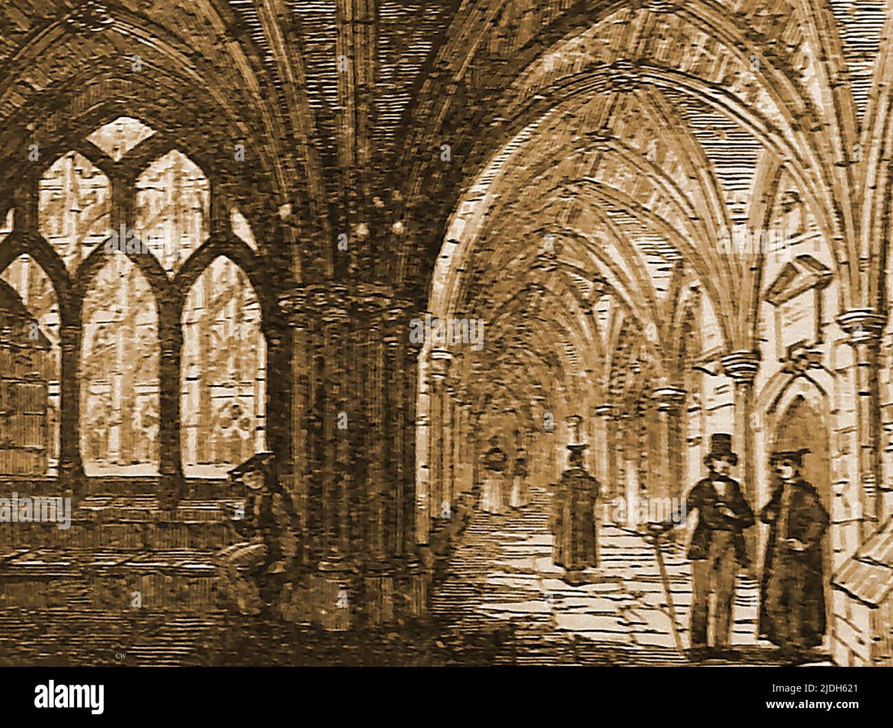 Una vista vittoriana di parte dei chiostri in Westminster Abbey, Londra, Regno Unito Foto Stock